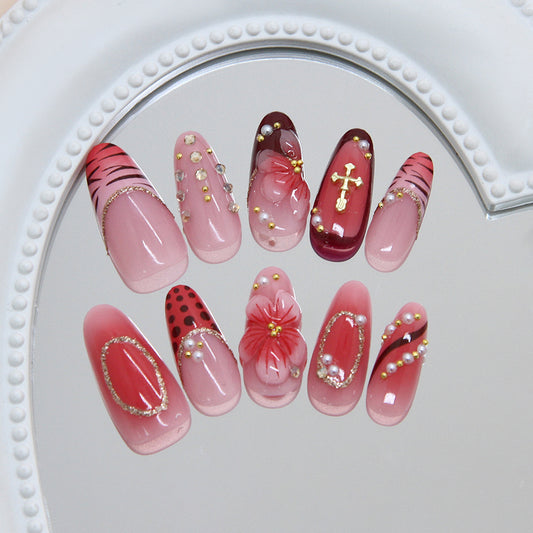 Romantic Floral Medium Oval Pink Press On Nail Set with Sparkling Accents