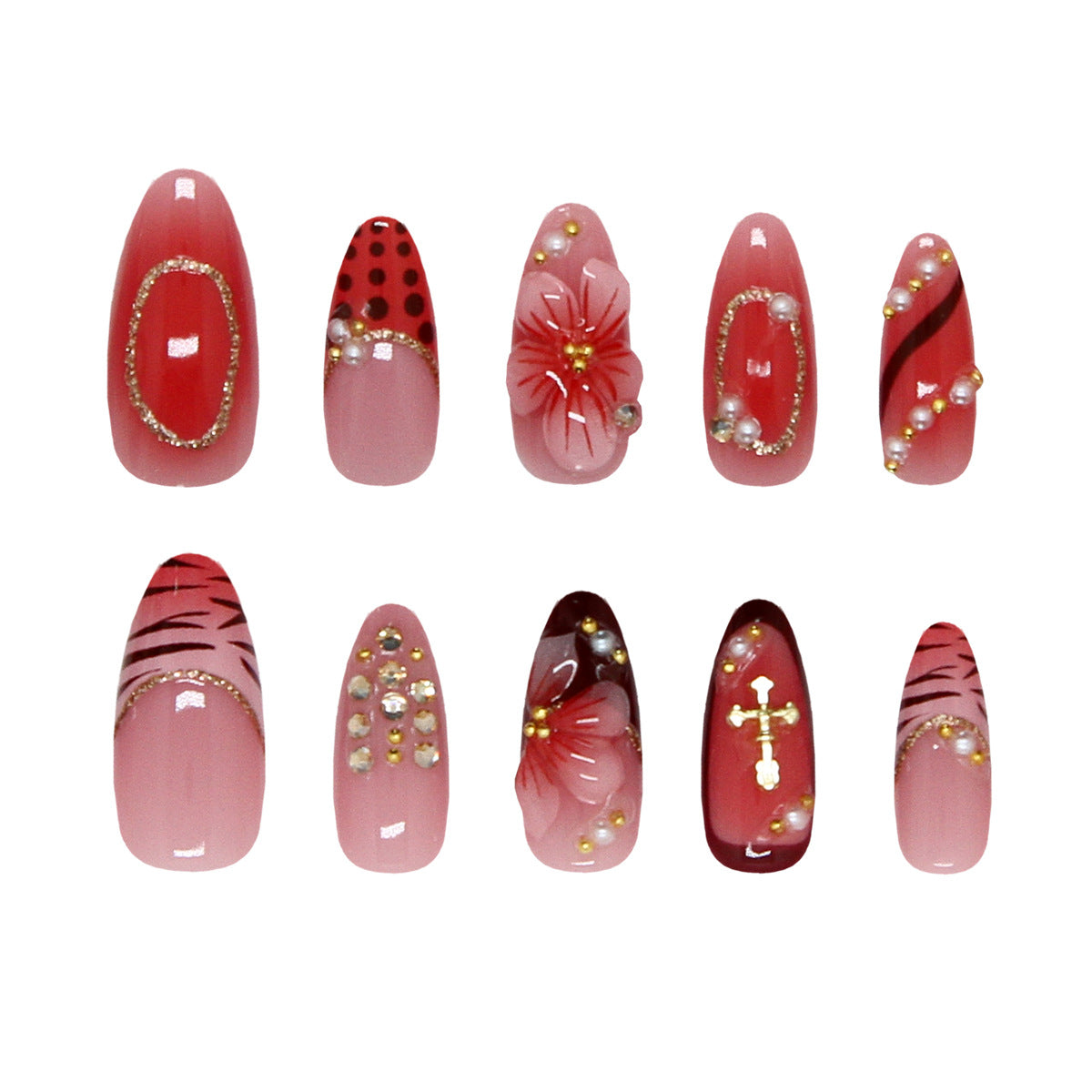 Chic Blossom Medium Almond Pink Press-On Nail Set with Glittering Accents