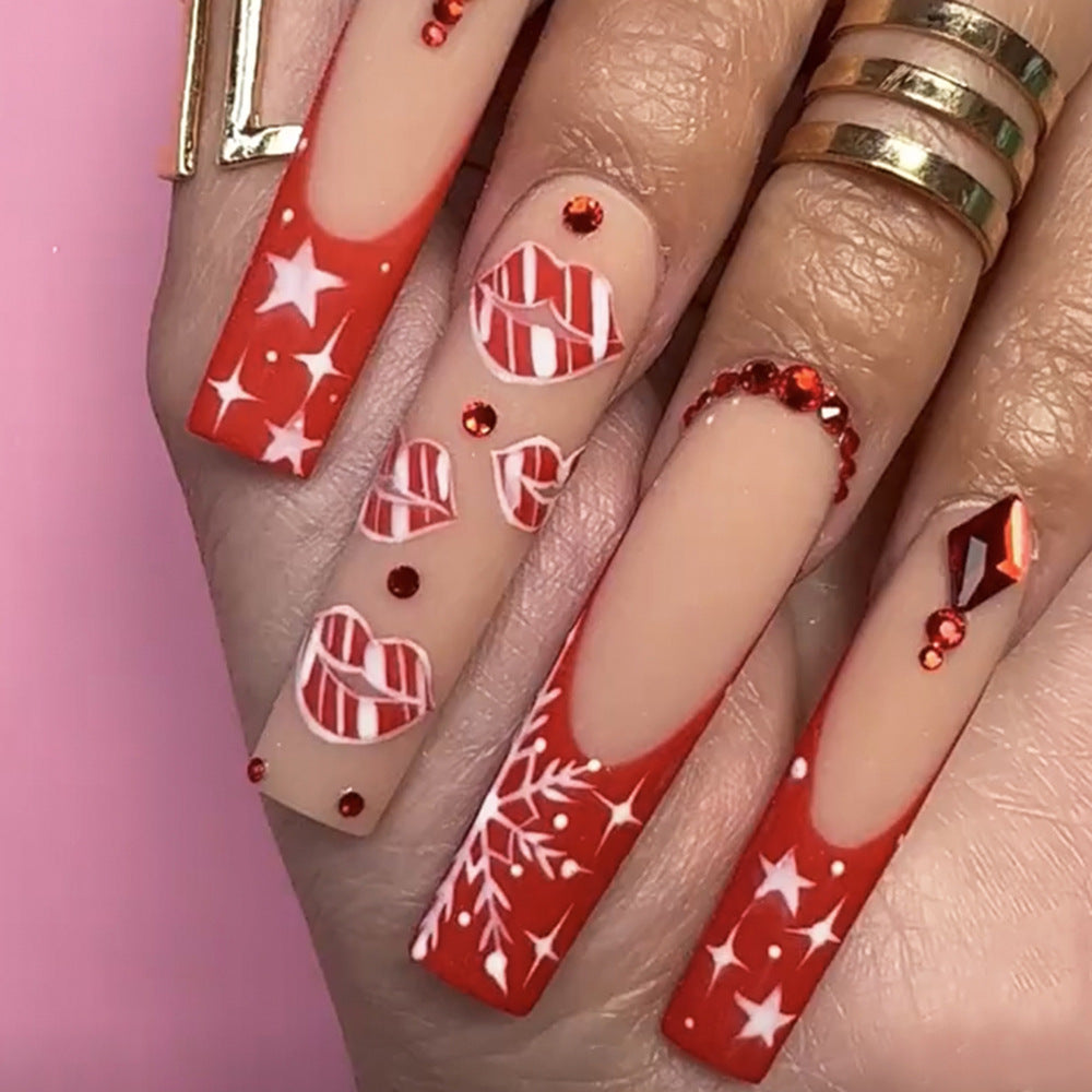 Festive Holiday Spirit Long Coffin Red Press On Nail Set with Snowflake Accents and Rhinestone Embellishments