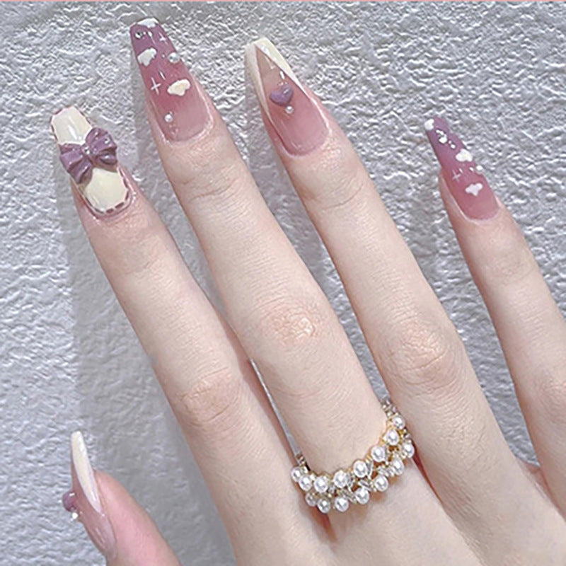 Whimsical Romance Long Coffin Mauve Press On Nails Set with Rhinestone Accents and Heart Designs