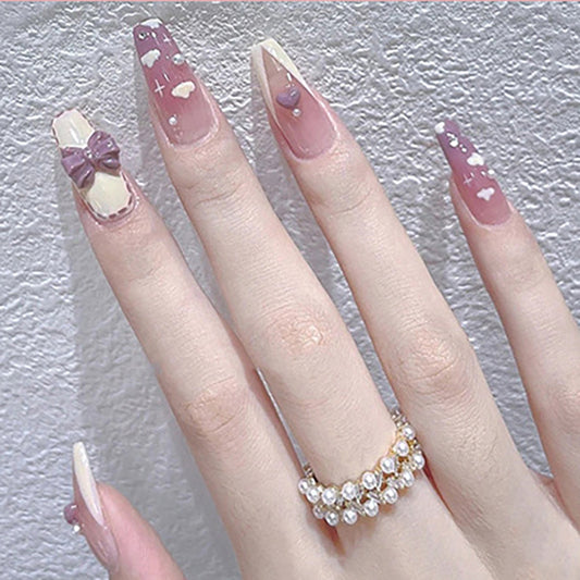 Whimsical Romance Long Coffin Mauve Press On Nails Set with Rhinestone Accents and Heart Designs