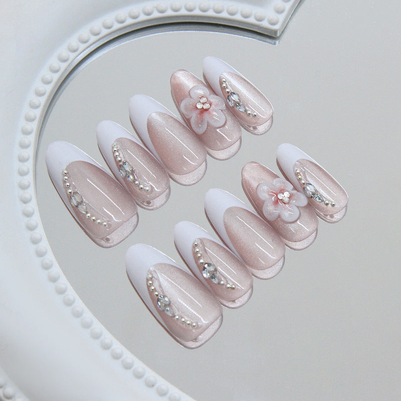 Whimsical Blossom Long Almond Pink with Floral Accents and Rhinestone Embellishments Press-On Nail Set