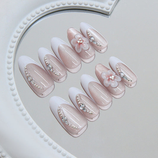 Whimsical Blossom Long Almond Pink with Floral Accents and Rhinestone Embellishments Press-On Nail Set