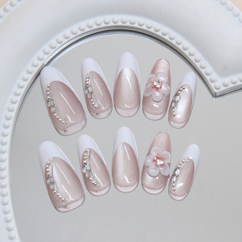 Whimsical Blossoms Long Almond Shaped Blush Pink Press On Nail Set with Floral Accents and Jewel Embellishments