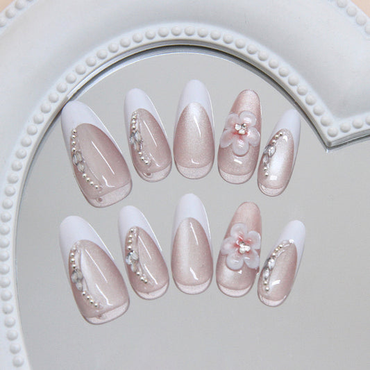 Whimsical Blossoms Long Almond Shaped Blush Pink Press On Nail Set with Floral Accents and Jewel Embellishments