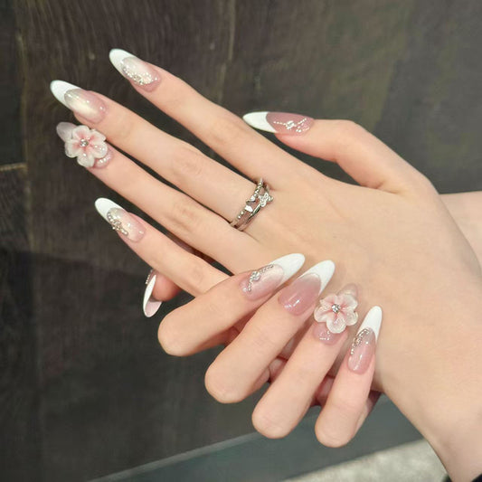 Blooming Elegance Long Almond Shaped White and Pink Floral Press On Nail Set