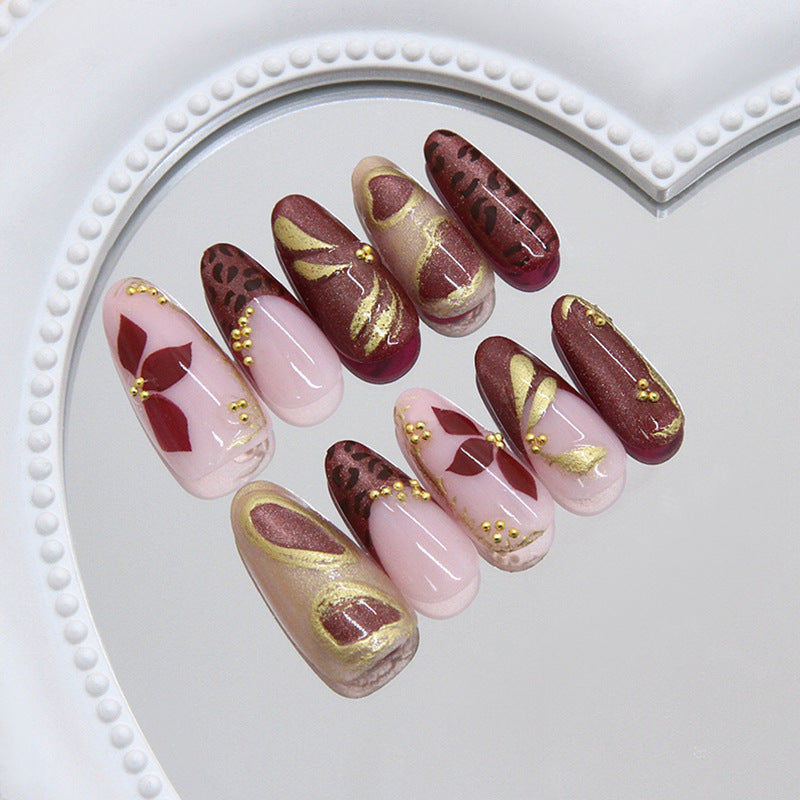 Chic Elegance Long Almond Burgundy and Pink Gradient with Gold Floral Accents Press on Nail Set