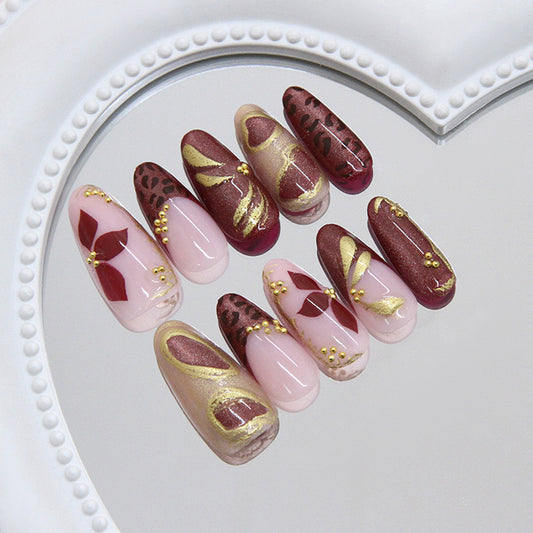 Chic Elegance Long Almond Burgundy and Pink Gradient with Gold Floral Accents Press on Nail Set