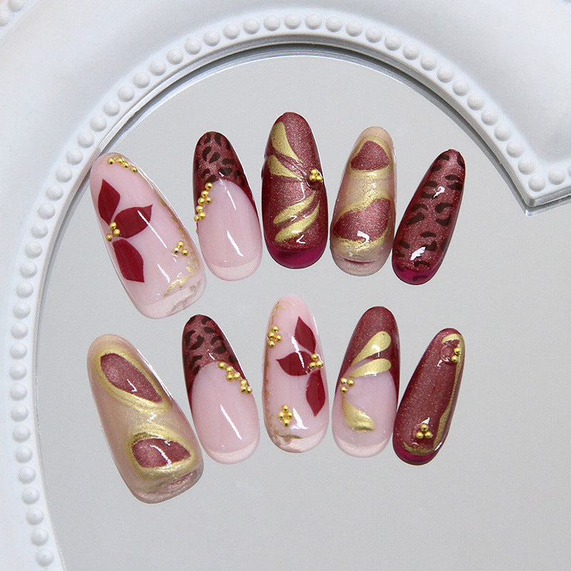 Chic Autumn Elegance Long Almond Burgundy and Pink Nail Set with Luxurious Golden Accents