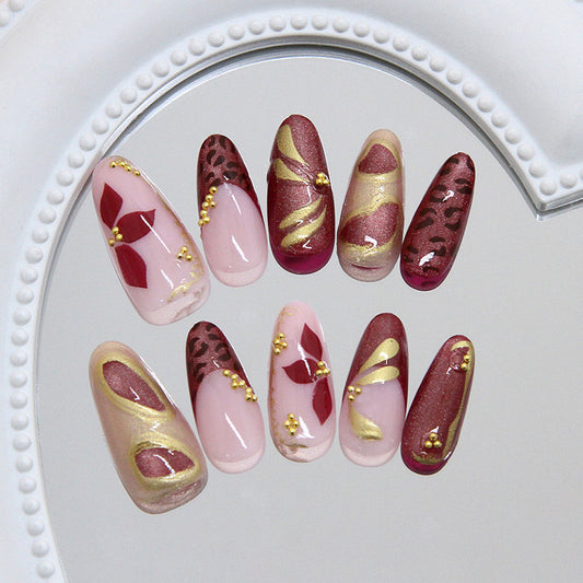 Chic Autumn Elegance Long Almond Burgundy and Pink Nail Set with Luxurious Golden Accents
