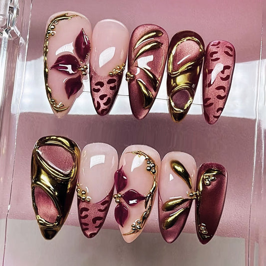 Floral Elegance Long Almond Pink with Gold Accents and Intricate Leaf Designs Press-On Nail Set