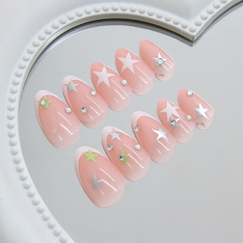 Starry Night Glamour Medium Almond Pink Press On Nail Set with Dazzling Star Accents