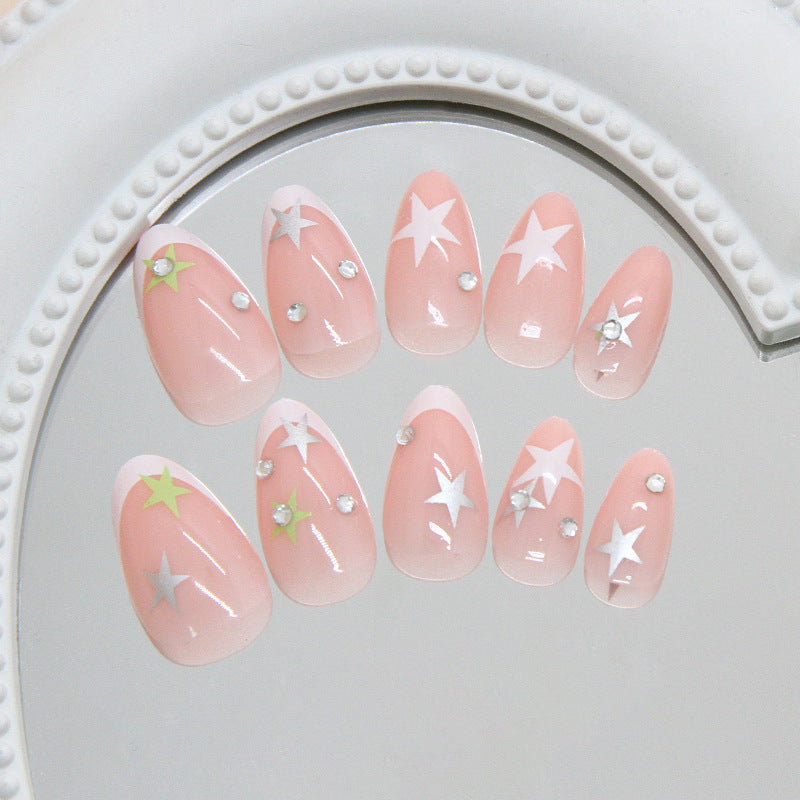 Celestial Dream Press On Nail Set Medium Almond Pink with Star and Gem Accents