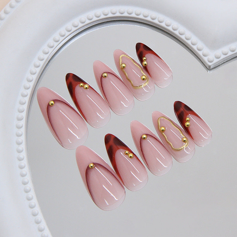 Glamorous Elegance Long Almond Pink with Brown Tips and Golden Accent Design Press On Nail Set