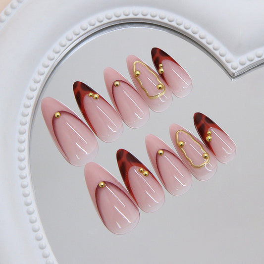 Glamorous Elegance Long Almond Pink with Brown Tips and Golden Accent Design Press On Nail Set