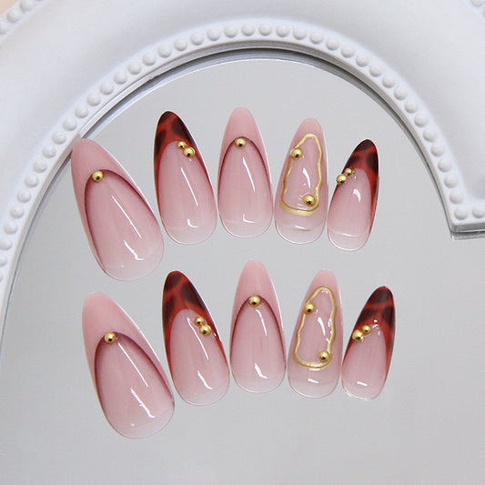 Elegant Aura Long Almond Pink Ombre Press On Nail Set with Unique Gold Accents
