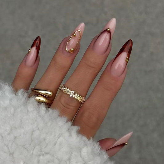 Glamorous Stiletto Press On Nail Set in Long Almond Shape with Gradient Pink and Brown Color Featuring Elegant Gold Accents