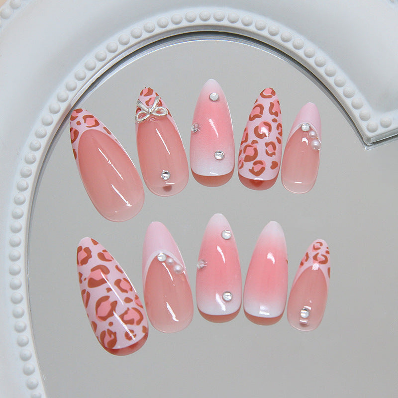 Chic Safari Long Almond Pink with Leopard Print and Gem Accents Press On Nail Set