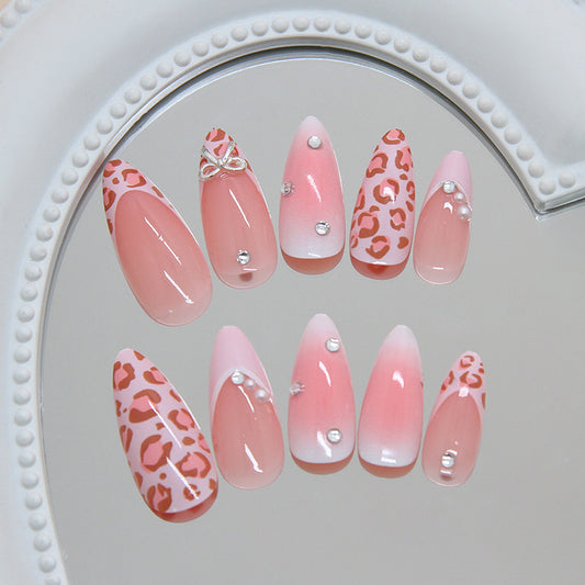 Chic Safari Long Almond Pink with Leopard Print and Gem Accents Press On Nail Set