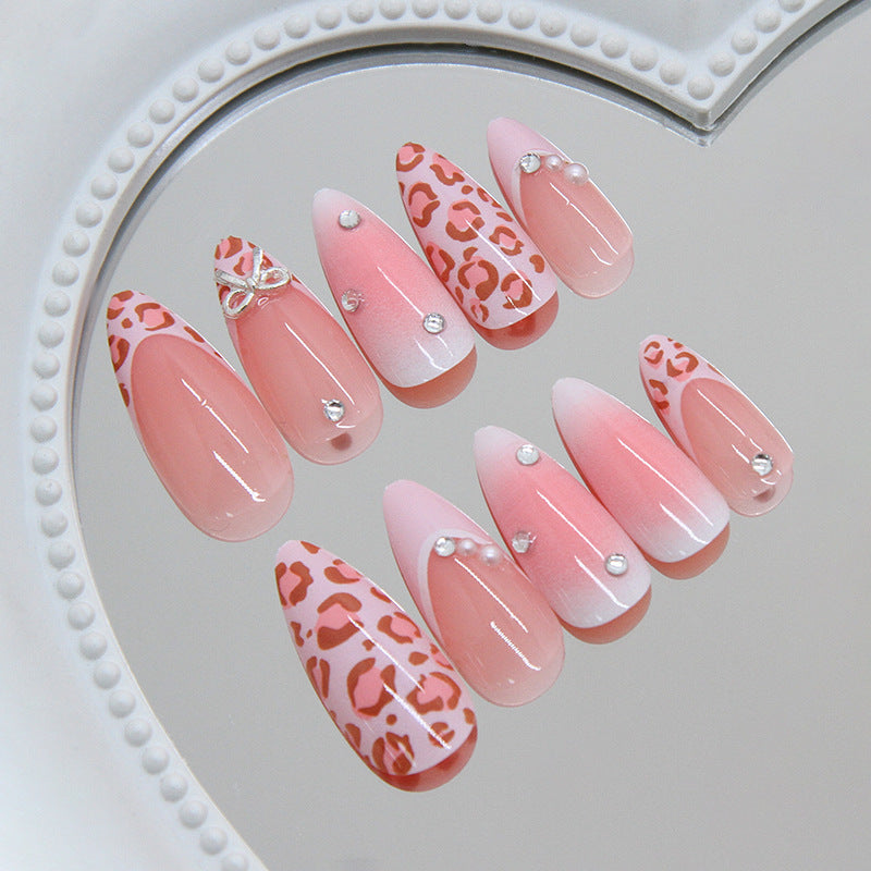 Savage Elegance Long Almond Pink Leopard Print Press On Nail Set with Rhinestone Accents