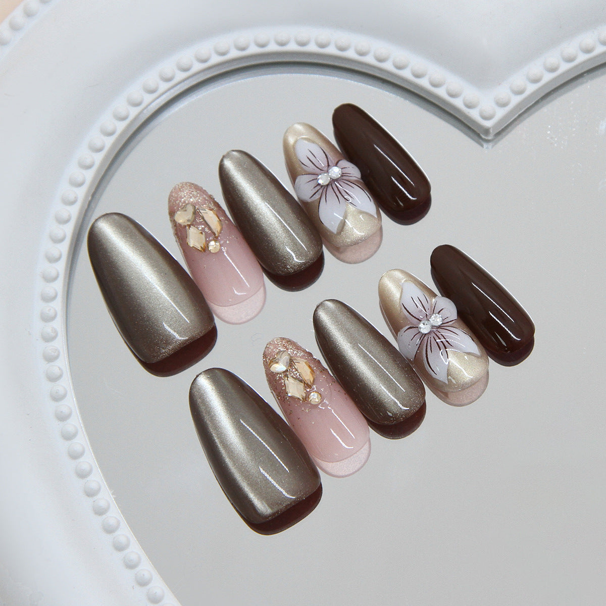 Elegant Floral Serenity Long Almond Chocolate and Metallic Grey Nail Press Set with Stunning Floral Accents and Glitter Detail