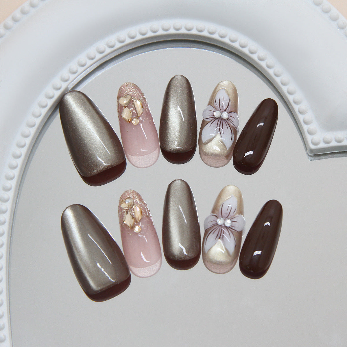 Elegance Unleashed Long Almond Brown and Beige Gradient Set with Floral Embellishments