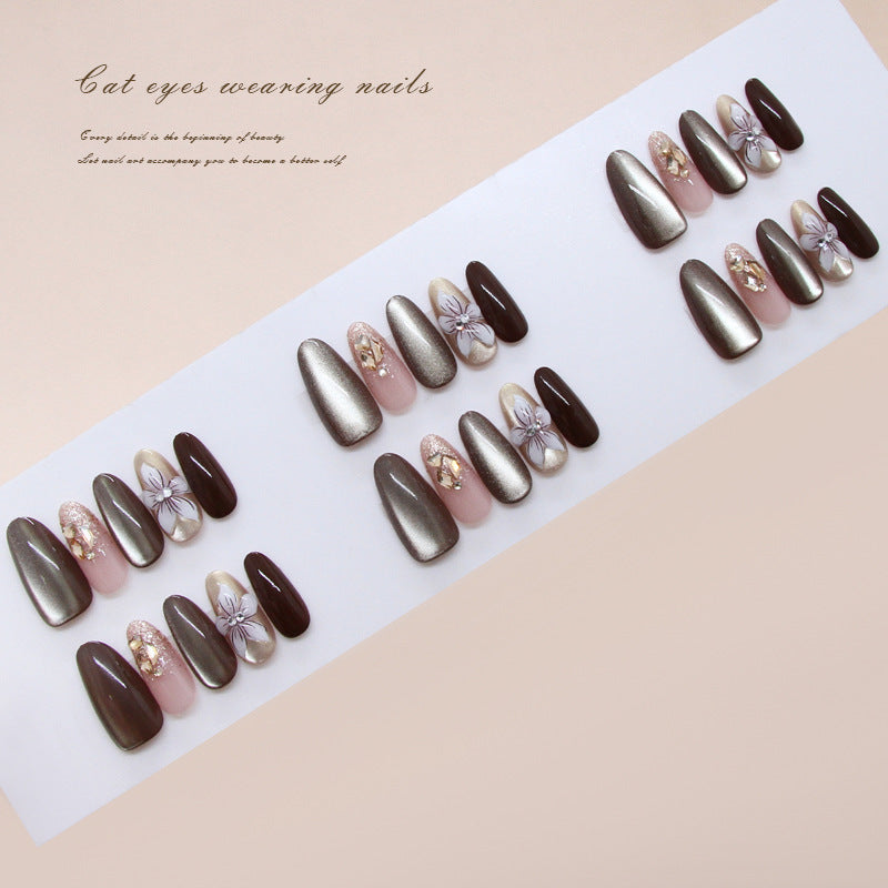 Mystical Elegance Long Almond Brown and Light Pink Cat Eye Press-On Nail Set with Floral Accents