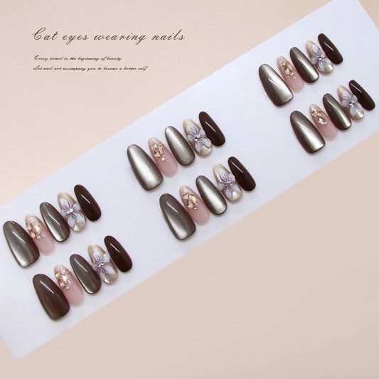 Mystical Elegance Long Almond Brown and Light Pink Cat Eye Press-On Nail Set with Floral Accents