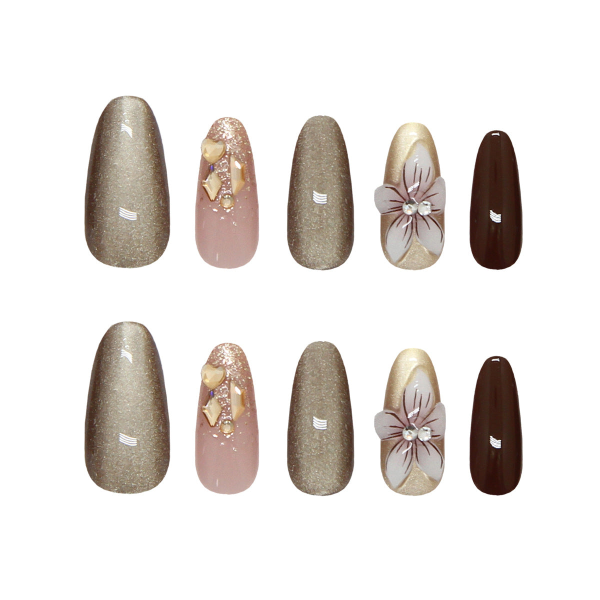 Elegant Autumn Twilight Press-On Nail Set in Long Almond Shape featuring Glitter and Floral Embellishments in Shimmering Gold and Rich Brown