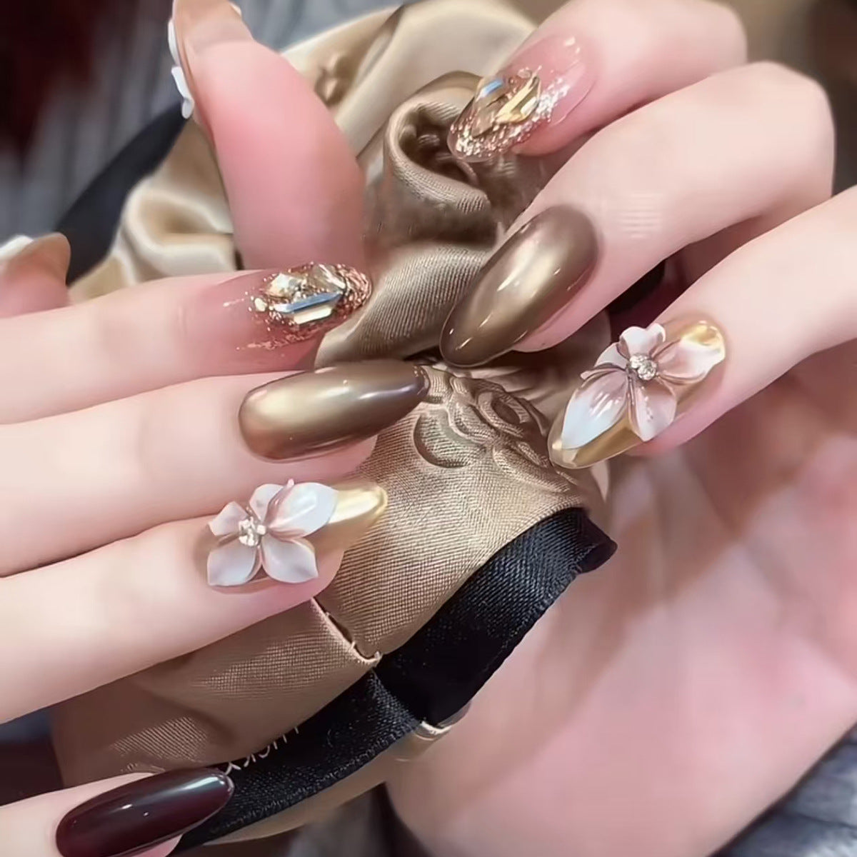 Floral Elegance Long Almond Chocolate Brown Press-On Nail Set with Three-Dimensional Flower Accents