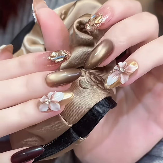 Floral Elegance Long Almond Chocolate Brown Press-On Nail Set with Three-Dimensional Flower Accents