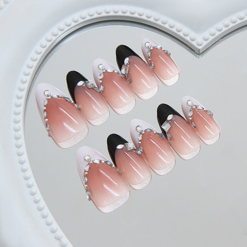 Glamorous Elegance Extra Long Almond Ombre Pink and Black Press-On Nail Set with Crystal Accents
