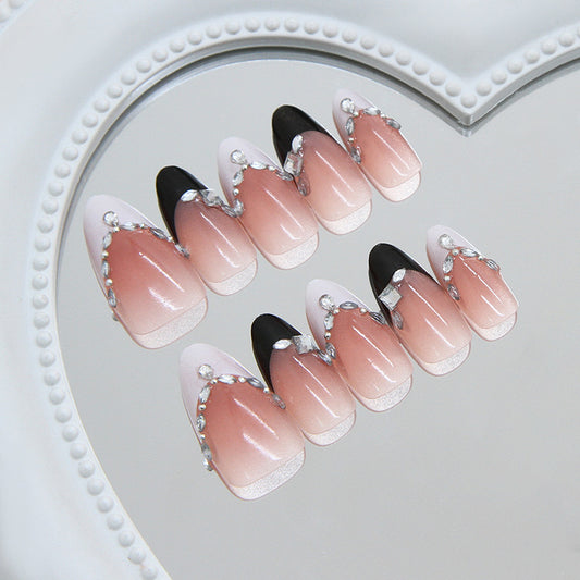 Glamorous Elegance Extra Long Almond Ombre Pink and Black Press-On Nail Set with Crystal Accents