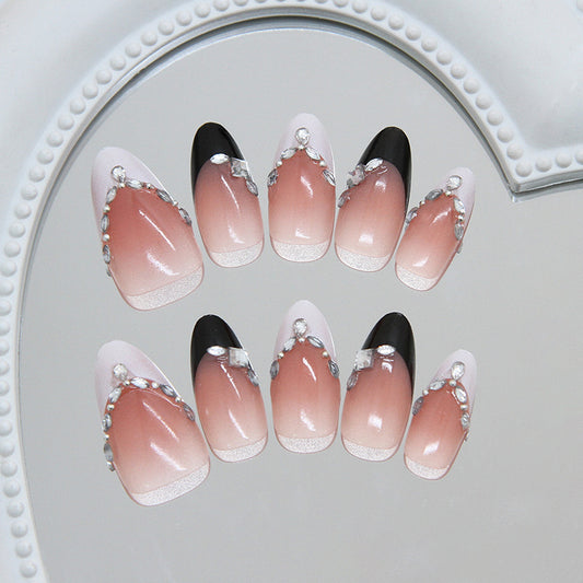Glamorous Elegance Long Almond Beige Ombre Press On Nail Set with Crystal Accents