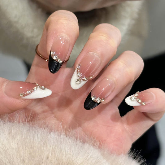 Elegant Noir Glamour Long Almond Clear and Black Ombre with Rhinestone Accents Press-On Nail Set