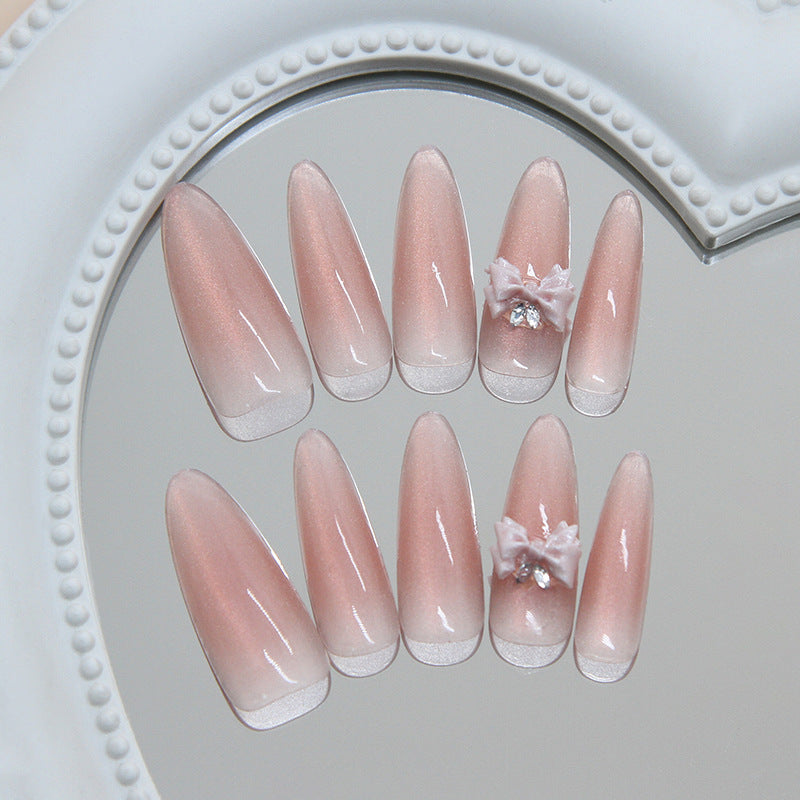Chic Elegance Medium Almond Pink Gradient Nails with Bow Detail