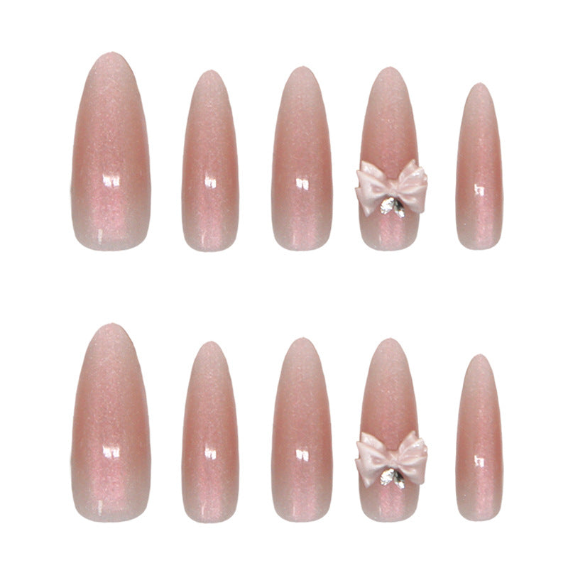Chic Rose Gold Elegance Long Stiletto Press On Nail Set with Charming Bow Detail