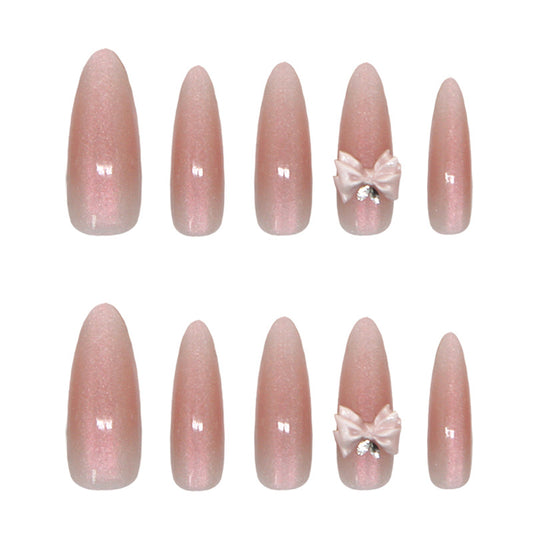Chic Rose Gold Elegance Long Stiletto Press On Nail Set with Charming Bow Detail