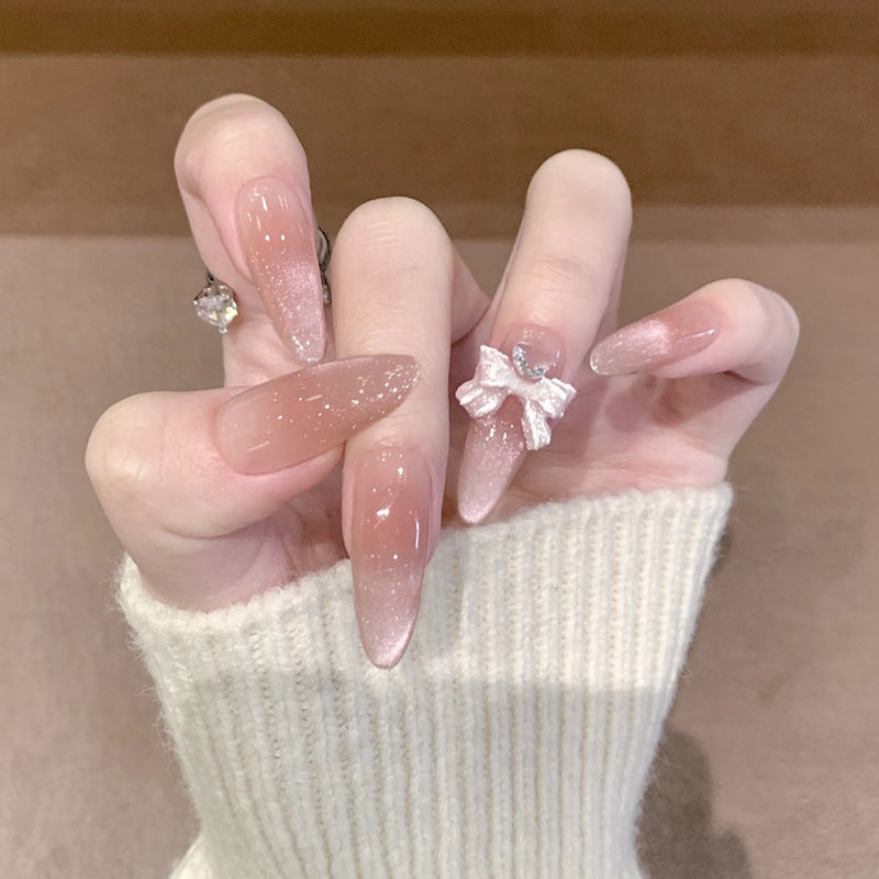 Dreamy Elegance Long Almond Pink Sparkle Press-On Nail Set with Charming Bow Detail