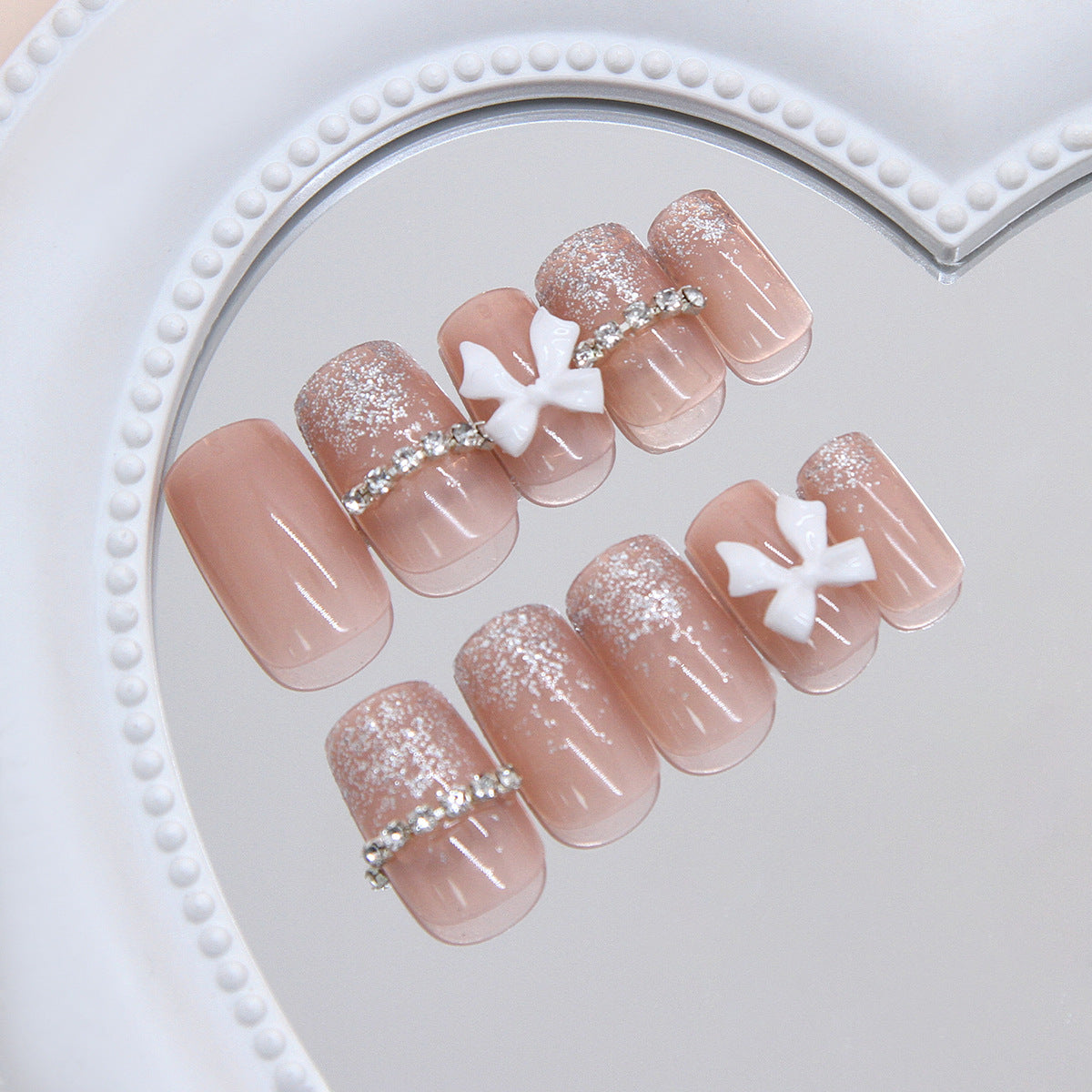 Whimsical Garden Medium Square Beige with Glitter and Charming Bow Accents Press on Nail Set