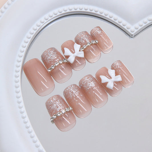 Whimsical Garden Medium Square Beige with Glitter and Charming Bow Accents Press on Nail Set