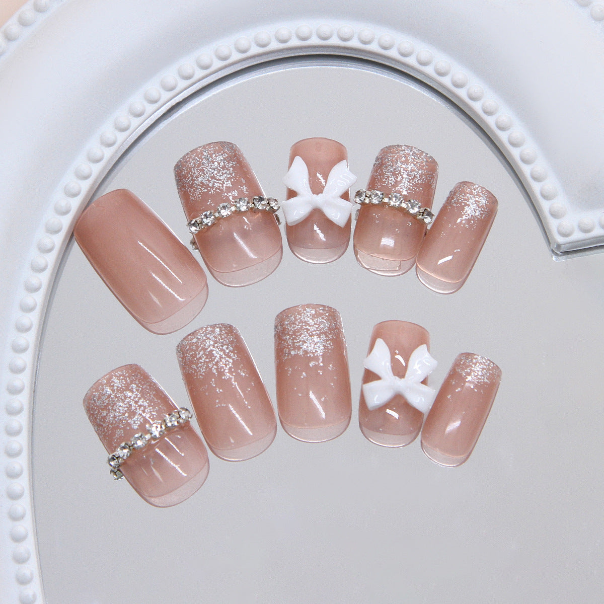 Whimsical Elegance Medium Square Beige Press On Nails with Glitter and Charming Bow Accents