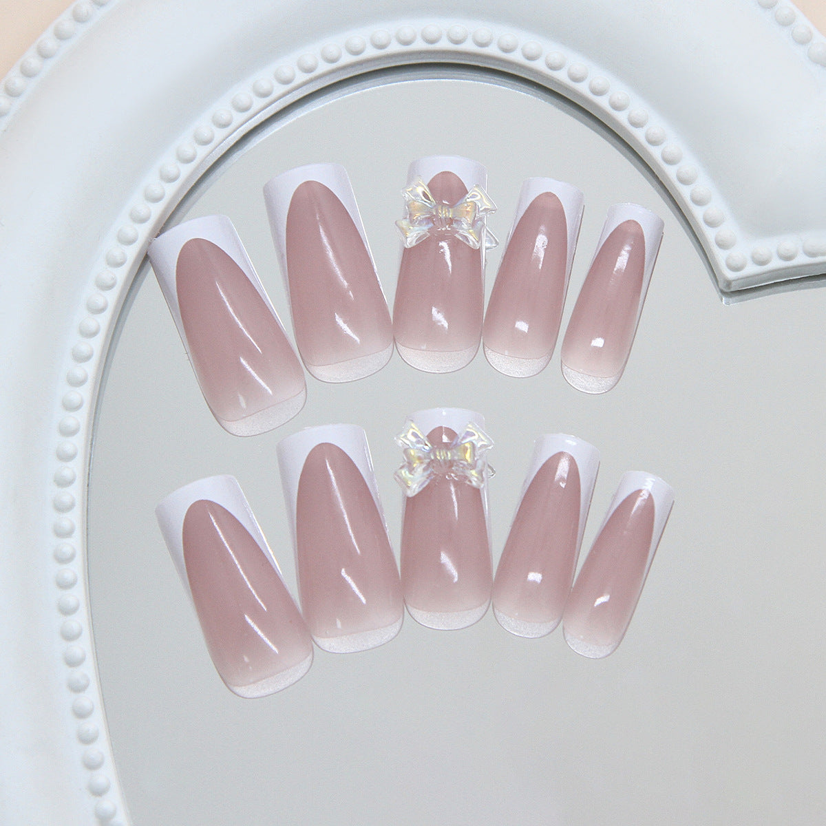Whimsical Elegance Long Square Pink with Glossy Finish and Decorative Bow Press On Nail Set