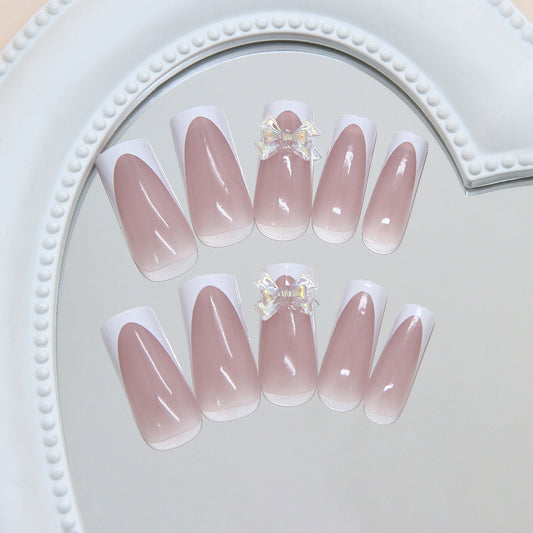Whimsical Elegance Long Square Pink with Glossy Finish and Decorative Bow Press On Nail Set
