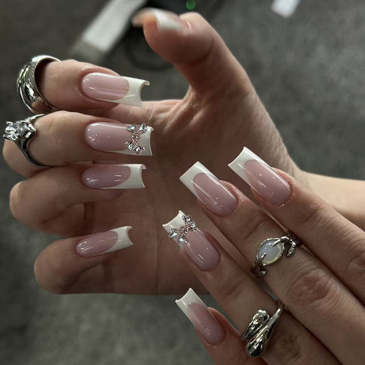 Elegant Garden Long Square Pink and White Press On Nail Set with Charming Gemstone Accents