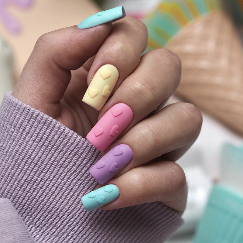 Pastel Party Long Square Multicolor Press On Nails with 3D Heart Accents