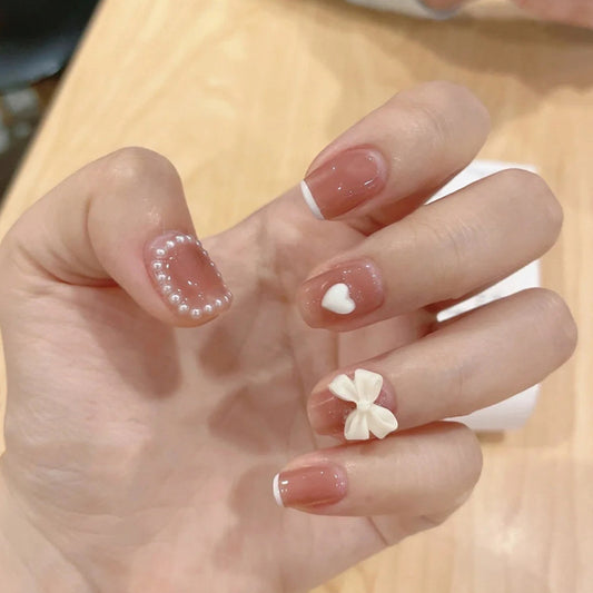 Elegant Bridal Collection Short Round Pink Press On Nails Set with 3D Embellishments