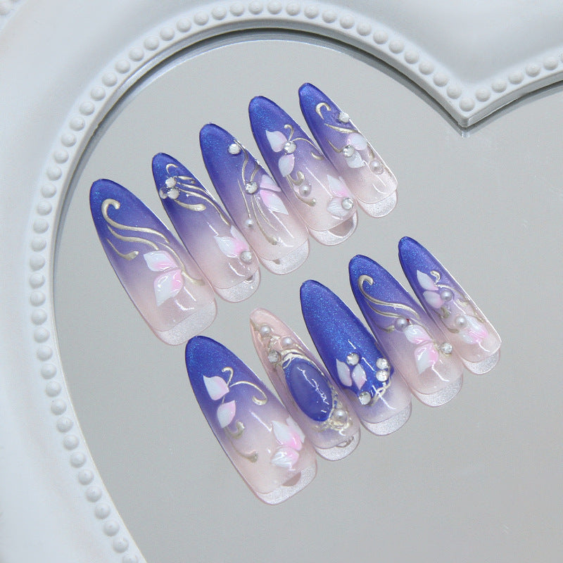 Elegant Blossom Long Almond Purple Ombre with Floral Accents Press On Nail Set