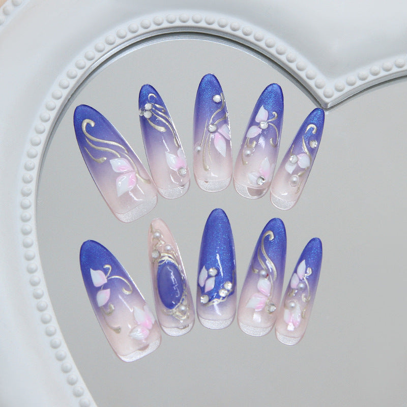 Enchanted Garden Long Almond Purple Ombre Press On Nail Set with Floral Accents
