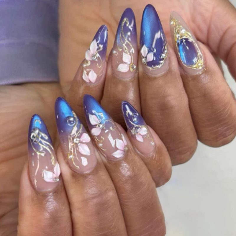 Glamorous Floral Fantasy Long Almond Purple Ombre Press On Nail Set